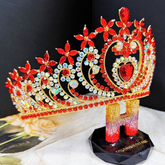 Crystal heart tiara, Gold tiara, Red stone tiara, Bridal tiara, Birthday crown main image 7
